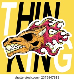 illustration of wolf skull with flames in biker style, colorful tattoo type in bright colors, typography in different styles and with embroidered patches with numbers.