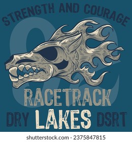 illustration of wolf skull with flames in biker style, colorful tattoo type in bright colors, typography in different styles and with embroidered patches with numbers.