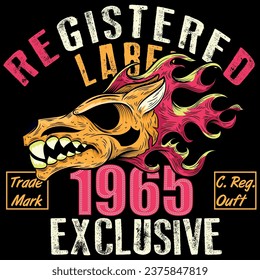 illustration of wolf skull with flames in biker style, colorful tattoo type in bright colors, typography in different styles and with embroidered patches with numbers.