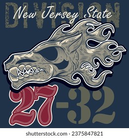 illustration of wolf skull with flames in biker style, colorful tattoo type in bright colors, typography in different styles and with embroidered patches with numbers.