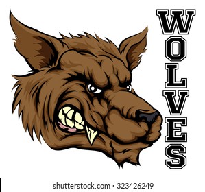 An illustration of a Wolf sports mascot head with the word Wolves