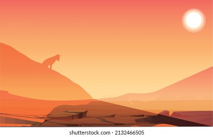 Illustration of a wolf standing at the foot of a mountain looking down.