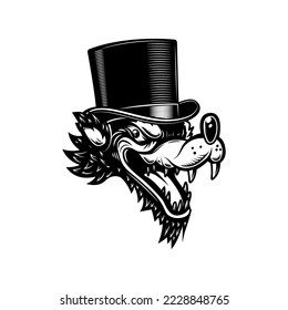 Illustration of wolf in vintage hat. Design element for logo, label, sign, poster, card. Vector illustration