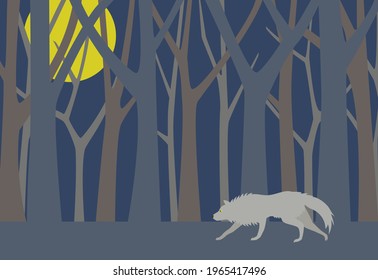 Illustration of a wolf walking silently through the forest on a full moon night. Vector illustration.