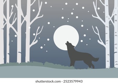 Ilustración de un lobo en invierno en el bosque en una atmósfera de Navidad