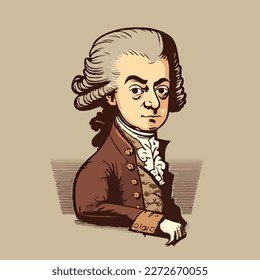 Illustration of Wolfgang Amadeus Mozart in a caricature style. He began his music career at a very young age. He has a large number of compositions and is considered one of the most important figure.