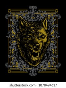 Illustration of a wolf's head with ornate flourishes as a poster design