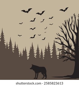 Illustration of wolves and bats in the forest 
