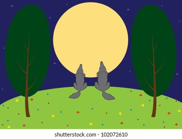 Illustration - wolves howling on the moon, on a night glade.