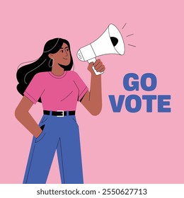 Ilustración de una mujer abogando con un megáfono y puño en alto, promoviendo la conciencia del voto con el mensaje "Vota" en texto audaz, empoderando el diseño del activismo
