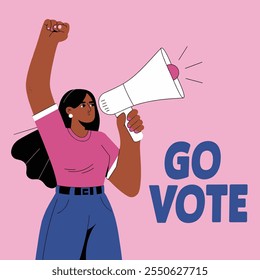 Ilustración de una mujer abogando con un megáfono y puño en alto, promoviendo la conciencia del voto con el mensaje "Vota" en texto audaz, empoderando el diseño del activismo
