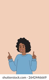 Ilustração de uma mulher com cabelo afro vestindo um suéter azul, apontando para cima com ambas as mãos contra um fundo de pêssego.
