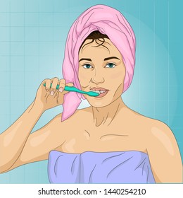 Illustration of a woman after taking shower is cleaning teeth in a bathroom