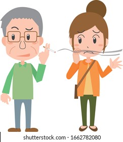 Illustration of a Woman Annoying Senior Man Cigarette Smoke