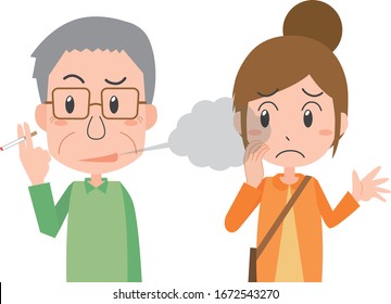 Illustration of a Woman Annoying Senior Man Cigarette Smoke