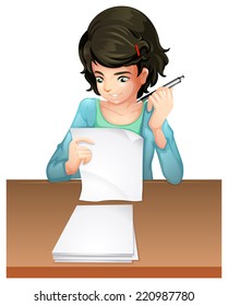 Illustration of a woman answering the testpapers on a white background  