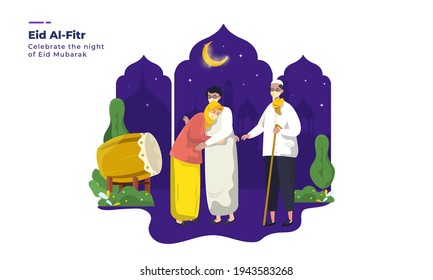 Illustration Of Woman Apologizes To Parents For Eid Mubarak Greetings, Celebrate The Night Of Eid Al-Fitr Illustration