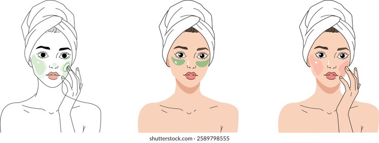  Illustration of a woman applying a facial mask, using under-eye patches, and moisturizing her skin as part of a beauty skincare routine. Perfect for beauty, self-care, and skincare concepts