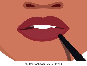 Illustration of woman applying lipstick to their lips. The lipstick is a dark, reddish-brown color. Vector Flat Illustration