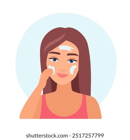 Ilustração de uma mulher aplicando creme SPF em seu rosto para proteção solar.