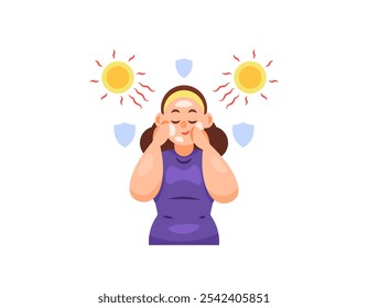 Ilustración de una mujer que se aplica protector solar en la cara. Aplicar protector solar para proteger la piel de la exposición al sol o los rayos ultravioleta o UV. Cuidado y salud. Diseño de personajes de estilo plano. Elementos