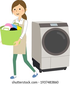It is an illustration of a woman in an apron doing laundry.