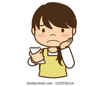 
Illustration of Woman in Apron Holding Smart Phone and Placing Hand on Cheek