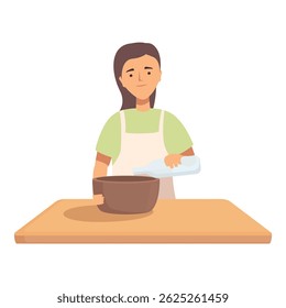 Illustration of a woman in apron pouring ingredients into a mixing bowl and preparing dough in a wooden countertop kitchen, as part of the homemade baking process