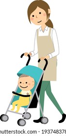 It is an illustration of a woman in an apron pushing a stroller.