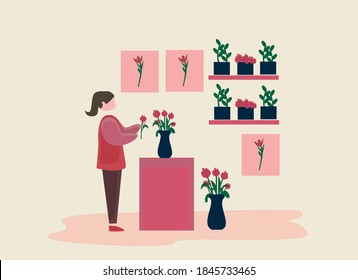 illustration of a woman arranging flowers, florist, at home, doing a hobby.