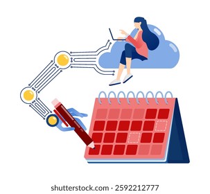 Illustration of a Woman Arranging Her Schedule on a Calendar with Help from a Cloud Robot and a Robotic Hand Formed from Network Cables, Symbolizing AI.