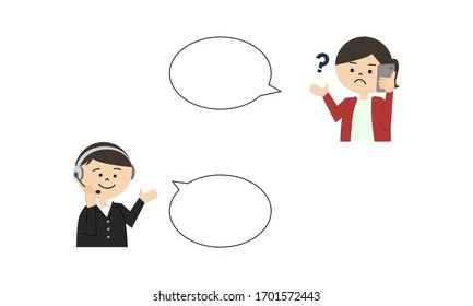 Illustration of woman asking call center operator. speech bubbles