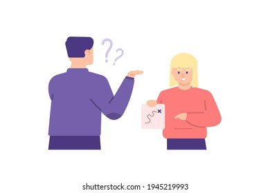 illustration of a woman asking a man for the street or address. a man who is talking to a foreigner but does not understand his language. flat style. vector design