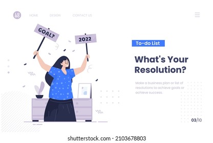 Illustration of a woman asks new year's resolution on landing page design