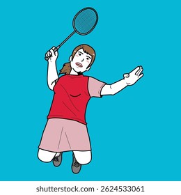 Illustration of a woman athlete with brown hair in a ponytail, wearing a red t-shirt and a skirt, jumping to hit a badminton shuttlecock with a racket. On a teal background