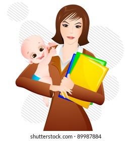 illustration of woman with baby in arms and file in other hand