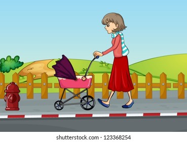 Illustration of a woman and baby pram in a beautiful nature