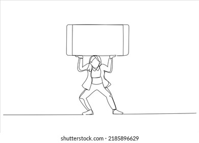 Illustration of woman is balancing a giant cell smart phone over his head that has a blank screen for your images and text. One line style art
