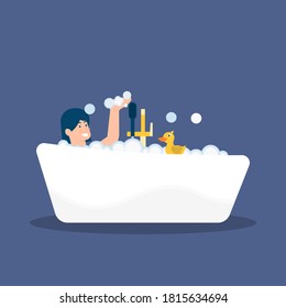 illustration of a woman bathing in a bathtub full of foam and a rubber duck toy. activities of people cleaning themselves. flat style. element of people.