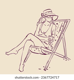 Ilustración de una mujer con un vector de silla de playa para tarjeta, decoración, fondo