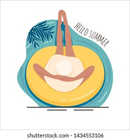 Illustration of woman in a beautiful hat sunbath and relaxing on ring in swimming pool. Vector illustration the girl on a summer holiday swims on a swimming ring.