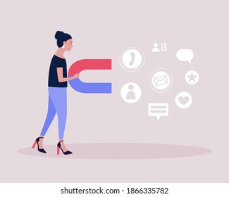 Illustration of woman with big magnet. Big magnet attracts followers, likes, messages. Social media marketing concept. 
Vector illustration in a flat style.