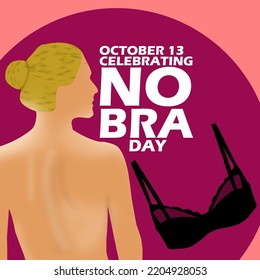 Illustration of a woman with black bra and bold text on a dark purple background to celebrate No Bra Day on October 13