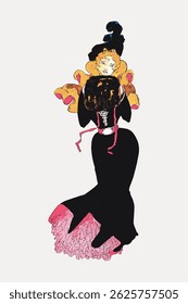 Illustration of a woman in a black dress with pink accents, wearing a hat. The artwork has a vintage, artistic style with bold colors and elegant design. Vintage character art illustration vector.