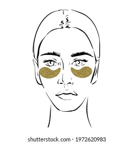 Illustration of a woman in black line with gold eye patches isolated on white background