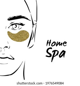 Illustration of a woman in black line with gold eye patches isolated on white background and with the text Home Spa