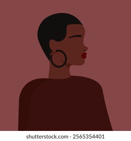 illustration of woman with black skin short hair and big black earrings, abstract illustration, red lips, flat style illustration, vector	
