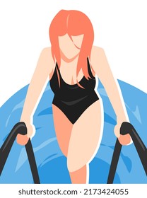 illustration of woman in black swimsuit finishing swimming. water background. sports theme concept, hobby, activity, summer, etc. flat vector