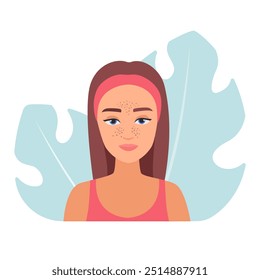 Illustration of a woman with blackhead and comedones. Skincare issue vector concept.
