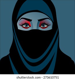 Illustration of woman in blue and black hijab